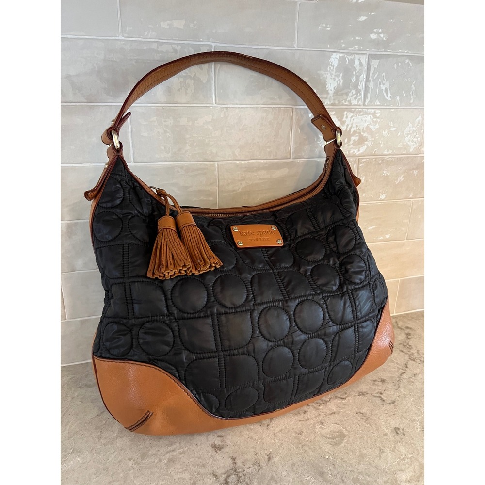 Kate Spade Black Quilted Nylon Tan Leather Trim Hobo Shoulder Bag Green Lining